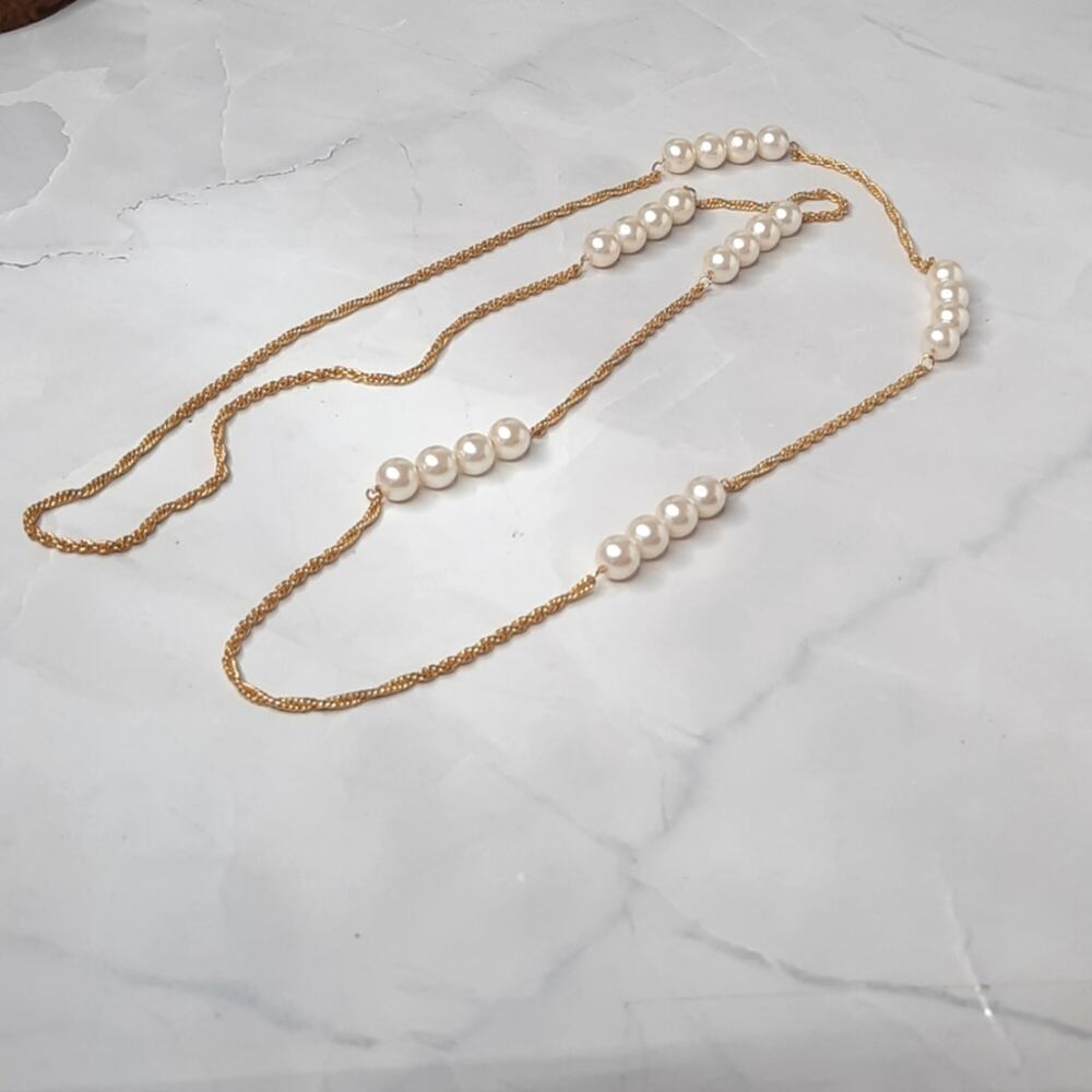 Long Gold Tone Chain with Faux Pearl Beads